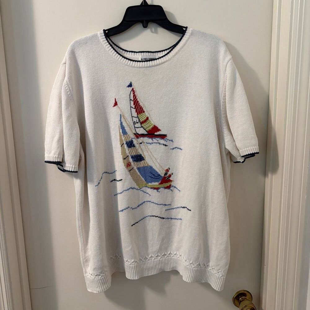 Alfred-dunner Women's White and Cream Short Sleeve Sailing Nautical Sweater 2X
